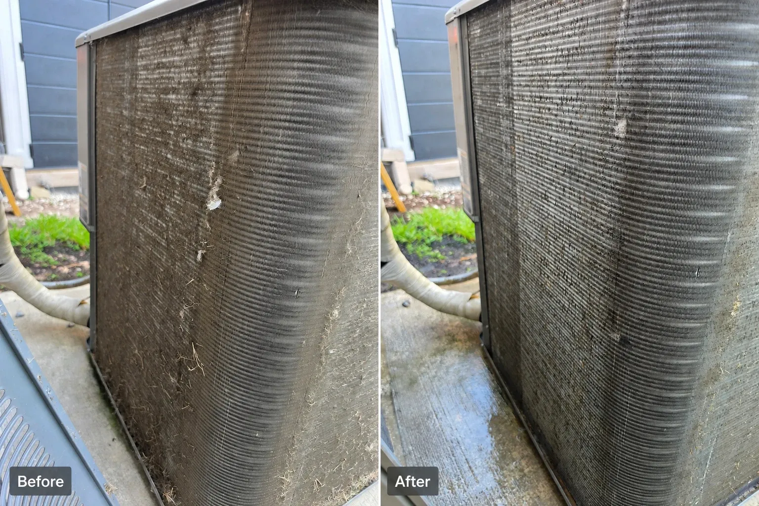 The same outdoor A/C condenser coil before and after cleaning, with visibly less dirt and debris on the fins afterward