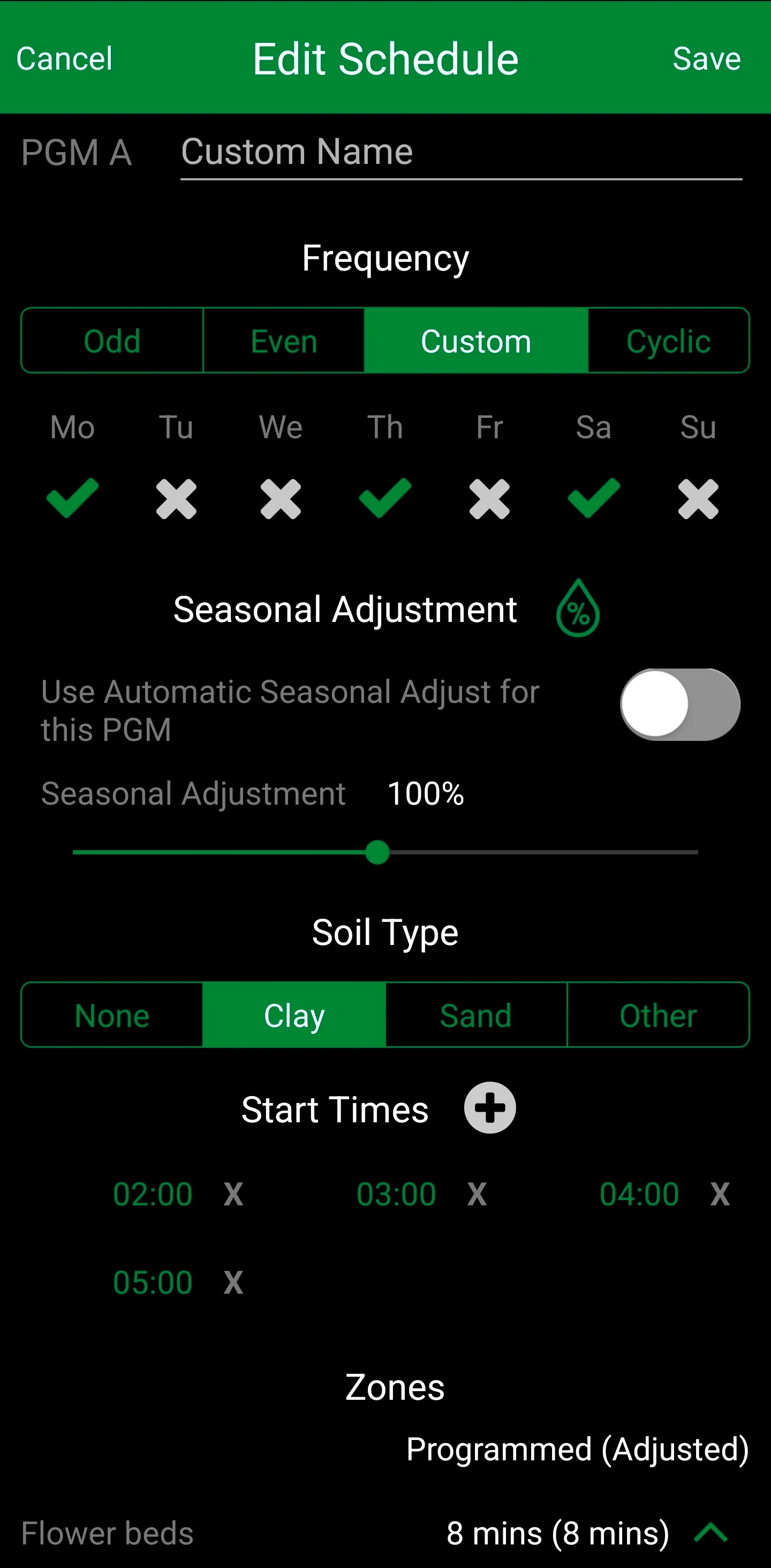 The Rain Bird app’s Edit Schedule screen, with a custom Monday, Thursday, and Saturday frequency and start times of 2:00, 3:00, 4:00, and 5:00 a.m.